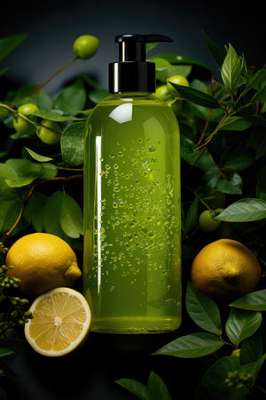 Green cosmetic product bottle for skin, body or hair care with green leaves and lemon, top view. Natural cosmetic conceptの素材