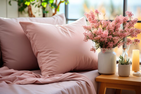 Cozy bedroom of a young woman. A wooden table with a bouquet of pink flowers. Pink bed linen and pillows on the bedの素材