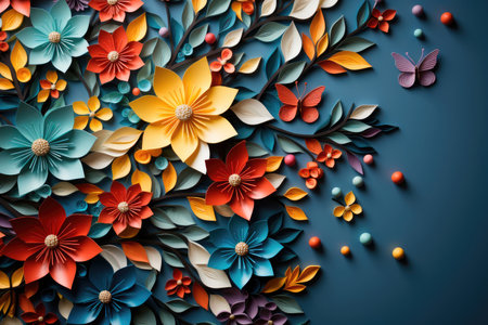 Composition of yellow, red flowers on a blue backgroundの素材