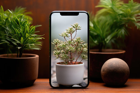 Smartphone is on the shelf next to the indoor flowers at homeの素材