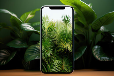 Smartphone with natural wallpaper on the tableの素材