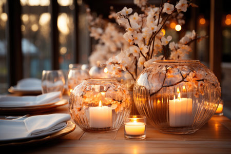 Burning candles and white flowers in the decor of the wedding tableの素材