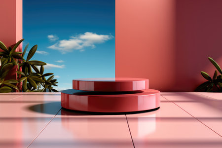 Minimal podium design on the background of an abstract coral-colored wall with an open space to the blue sky and wallsの素材