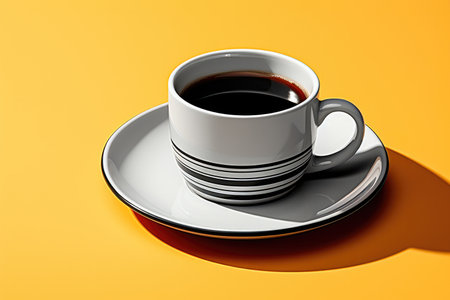 Cup of black tea or coffee on a yellow background with a hard refreshmentの素材