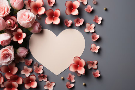 Paper cut out hearts and flowers on a dusty red background with a copy space for Valentine's Dayの素材