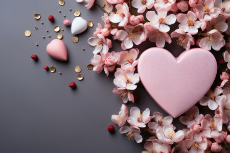 Creative Valentine's Day greeting card. Heart and flowers on a gray backgroundの素材