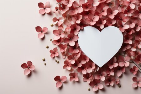 Paper cut out hearts and flowers on white background with a copy space for Valentine's Dayの素材