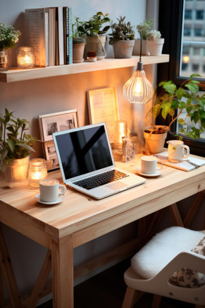 Modern workplace with a laptop at homeの素材