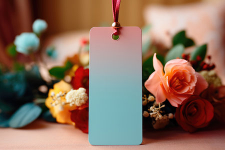 Stylish gradient label or tag on the background of a bouquet of flowersの素材