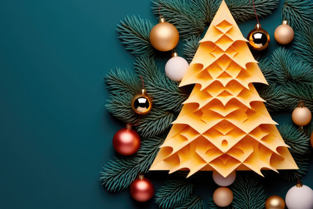 Minimalist new year card. Gold Christmas tree with toys and spruce branches on blue background. Copy spaceの素材