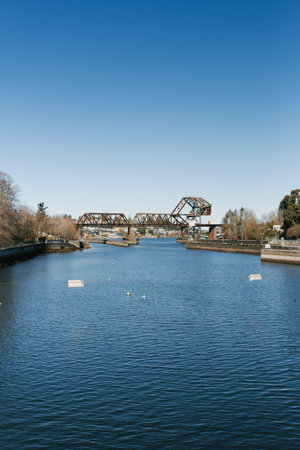 Seattle, Ballard, USA. March 2022. View of the Hiram Chittenden Locks, or Ballard Lacks, a complex of looks at the west end of Salmon Bay. Washington's Lake Washington Ship Canalのeditorial素材