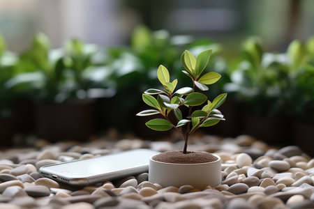 Green small tree or plant next to the smartphone. Ecological concept recyclingの素材