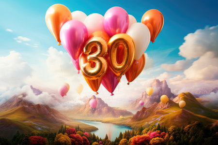 Bunch of colorful festive balloons in the sky and the number thirty for the anniversaryの素材
