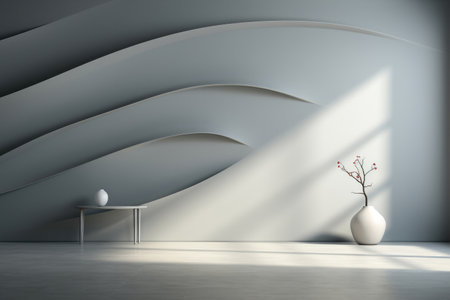 Podium in a room with potted plant and shadows on the wall. Creative product presentationの素材