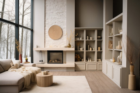 Cozy scandinavian living room in beige with a fireplace, a sofa with cushions and shelvesの素材