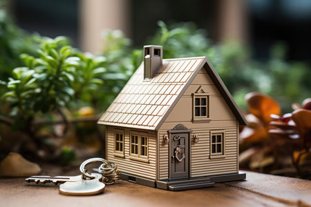 House keys with house model on the tableの素材