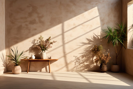 Minimalistic interior decor in the ethno style. Ceramic vases on a wooden table and potted plants stand on the floor, a shadow on the wallの素材