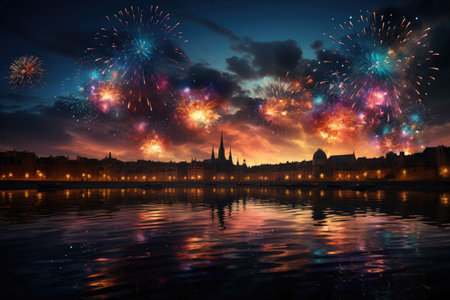 Landscape of the evening city against the background of the river and fireworks in the night skyの素材