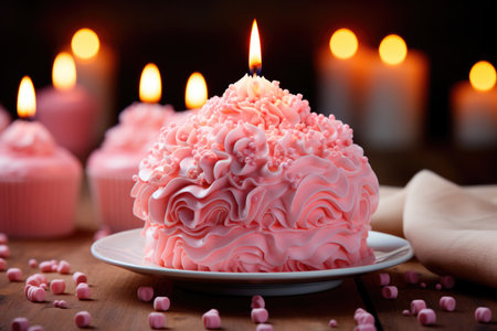 Pink birthday cake with a candle on the festive tableの素材