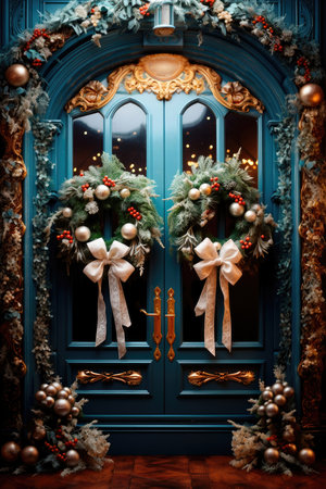 Christmas wreaths on the front blue doors of the houseの素材