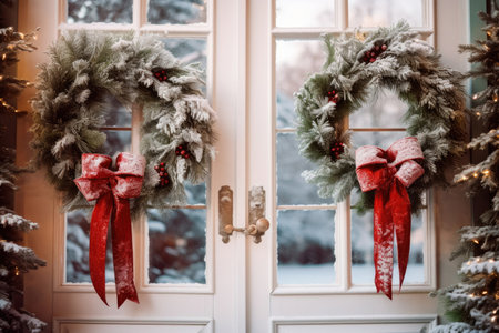 Christmas wreaths on the front white doors of the houseの素材