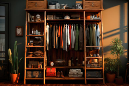 Wooden wardrobe wardrobe with clothes and thingsの素材