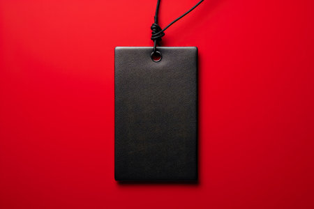 Black Paper Tags Tied with String on red background for Black Fridayの素材