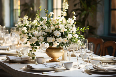 Festive table setting for wedding guests with beautiful white flowers in vasesの素材