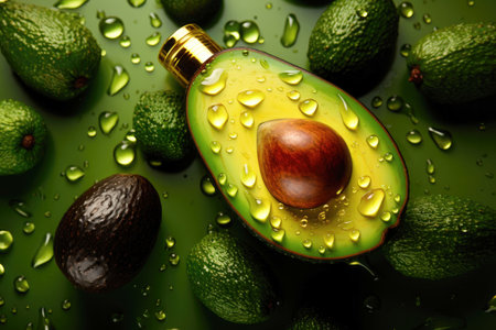 Flat lay jar of avocado cosmetic oil surrounded by fresh fruitの素材