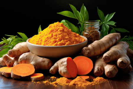 Composition with bowl of turmeric powder on wooden tableの素材