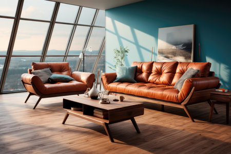 Vintage style in the interior of the living room with a leather sofa and a table by the large panoramic window in the apartmentsの素材