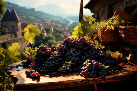 Grape branches on a wooden table against the background of a mountain valley. Harvestingの素材