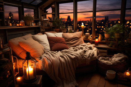 Cozy atmosphere in the house. Sofa with pillows and burning candles in the evening in the living roomの素材