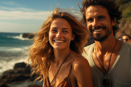 Happy couple in love, a man and a woman, are smiling while walking along the seashore or the beach at the resortの素材