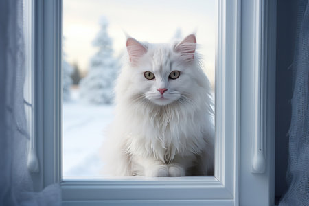 Fluffy white cat stands outside the door of a house on a winter streetの素材