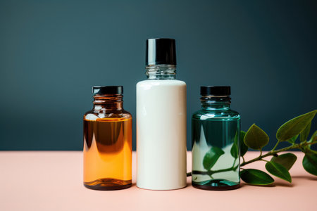 Set of jars for cosmetics and a branch with green leavesの素材