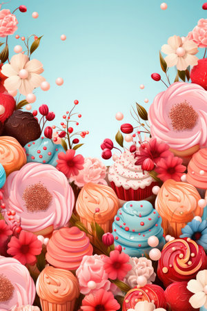 Assortment of confectionery products, various types of desserts and berries on blue background. Panorama, banner, place to copyの素材