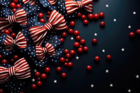 Bows made of national flag fabric and red beads and confetti stars on a blue background with copy space. Card for the Independence Day of the USAの素材