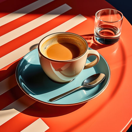 Cup of coffee and a glass of water on the table in orange pop art styleの素材