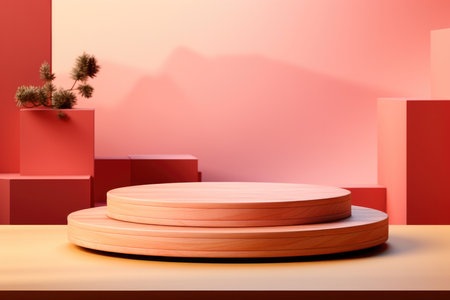 Coral colored two-level podium for product displayの素材
