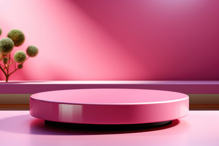 Cylindrical podium or a stage for displaying goods on a pink wall backgroundの素材