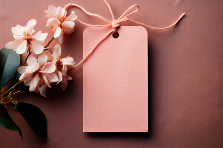 Mockup paper label with ribbon on pink fabric background and flowers close-upの素材