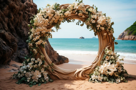 Wedding arch decorated with white flowers for marriage registration on the seashore or oceanの素材
