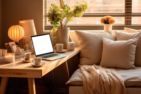 Cozy interior of a modern workplace with a laptop at home in Scandinavian styleの素材