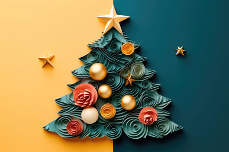 Minimalistic Christmas card. Christmas tree quilling with toys and fir branches on a blue and yellow backgroundの素材