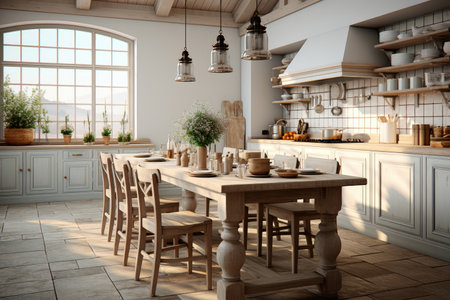 Cozy interior of the kitchen with a large wooden table in a minimalist modern Scandinavian styleの素材