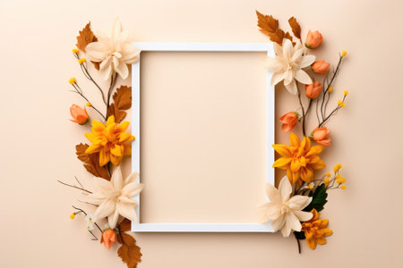 White empty frame surrounded by yellow, white and orange flowers on a beige background. Mockup holiday cardの素材