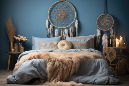 Bedroom decor in eco style. bed with a dreamcatcher on the wall. bed linen and decor in blue colorsの素材