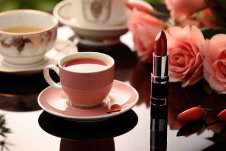 Red lipstick, flowers and a cup of coffee on a glossy table. Modern female conceptの素材