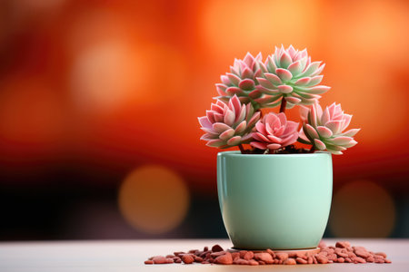 Succulent in a mint color pot on the table with copy spaceの素材